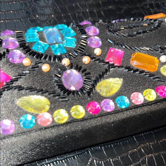 💎 Multi-Color Gemstone & Artisan Beaded Black Satin Evening Clutch 💎 - Picture 13 of 13